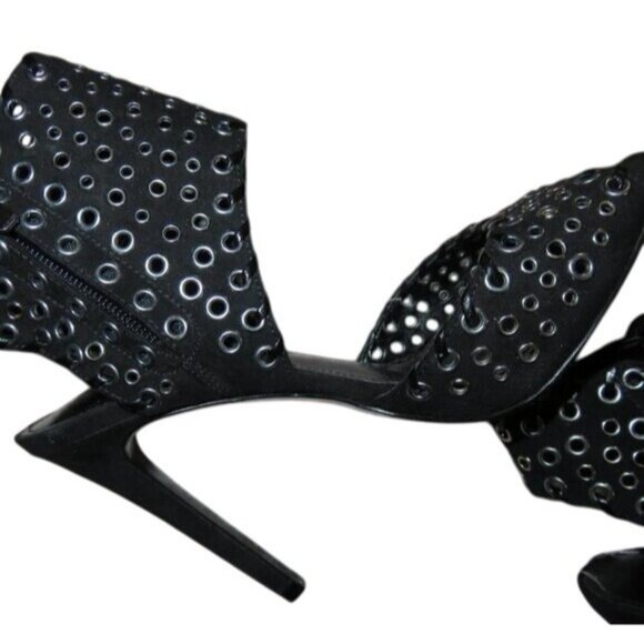 Enzo Angiolini Branon Black Perforated Grommet Leather Whipstitch Peep Toe Heels - Picture 8 of 14